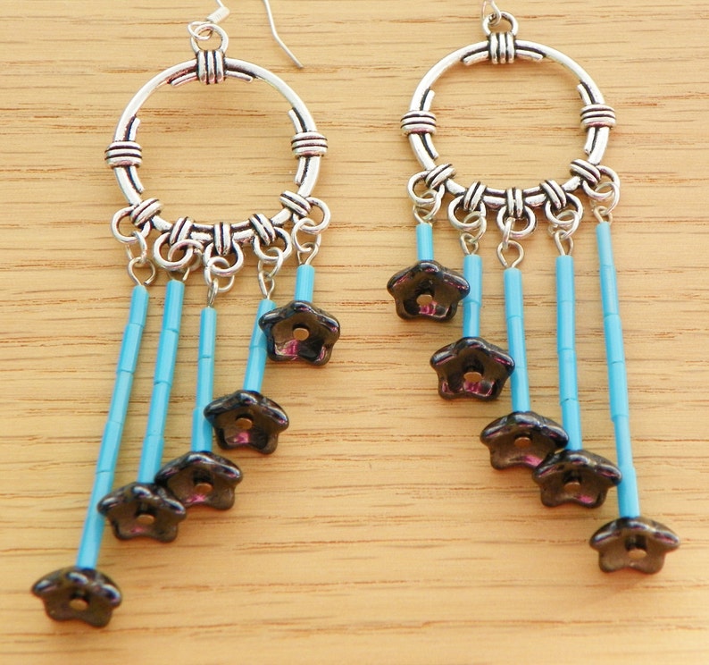 Turquoise earrings flower earrings chandelier earrings hematite earrings 3 inch long earrings boho earrings cascading earrings silver earrin