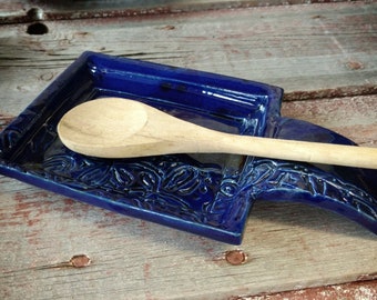 Pottery Spoon Rest / square spoon holder / stamped ceramic spoon rest / rustic design / spoon rest / kitchen spoon rest / utensil holder