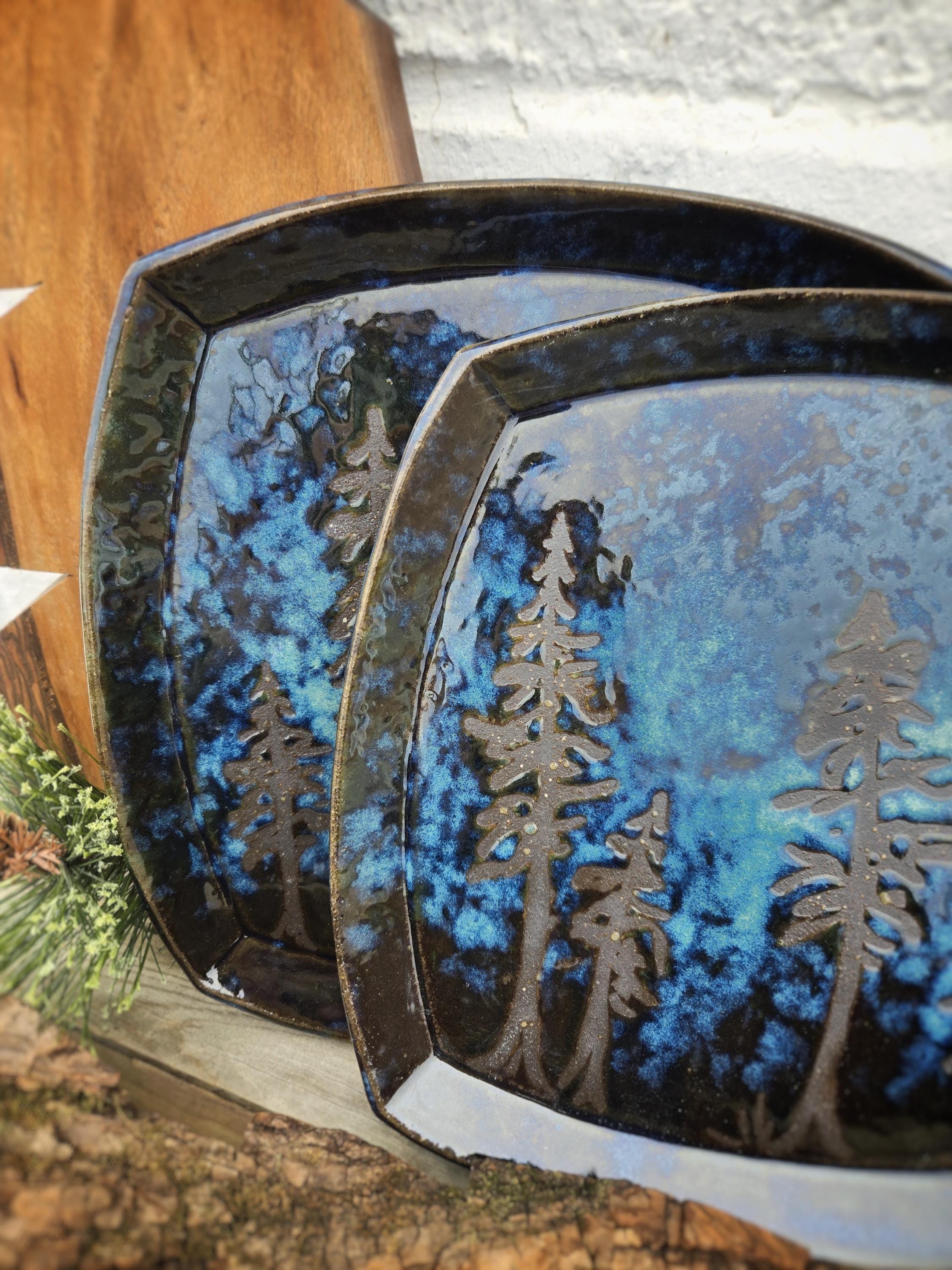 Handmade Pottery plate / Northern lights / dinnerware / pine trees / stars / midnight sky / night sky / aurora borealis / Thanksgiving