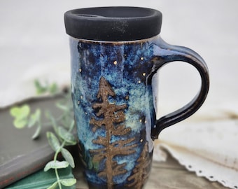 取っ手と蓋付きのセラミック製テイクアウトマグカップ、オーロラ、松の木、星空デザイン、ベストセラーの手作り陶器