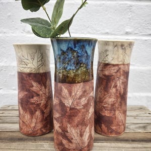 Handmade Pottery vase / cut flowers / tall vase / nature decor / leaf pattern / maple leaves / natural designs / organic / Thanksgiving