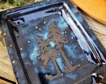 Pottery spoon rest holder / spoon rest / utensil holder / ceramic spoon rest / stove top spoon rest  / pine trees / woods / Northern lights