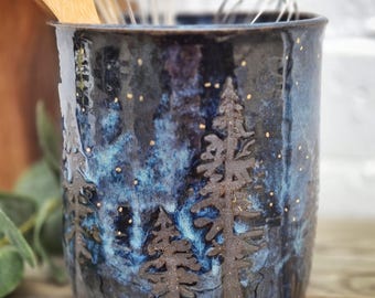 Handmade Pottery utensil holder  / Northern lights / nature / pine trees / stars / midnight sky / night sky / spoon rest / starry night