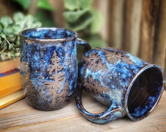 Handmade Pottery mug / Northern lights / nature / pine trees / stars / starry night / outdoors / gift / aurora borealis / Christmas / gift