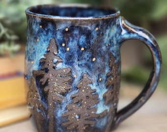 Handmade Pottery coffee mug / Northern lights / nature / pine trees / stars / night sky / aurora borealis / Christmas / tea / hot cocoa