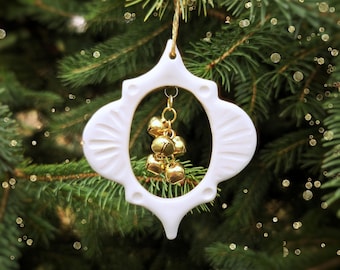 Handmade White Porcelain Christmas Ornament with Gold Jingle Bell (2026 Limited Edition)
