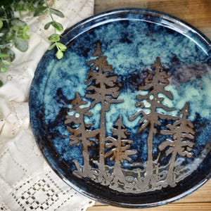 Handmade Pottery plate / Northern lights / dinnerware / pine trees / stars / midnight sky / tableware / aurora borealis / Mother's Day