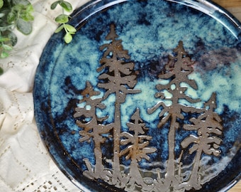 Handmade Pottery plate / Northern lights / dinnerware / pine trees / stars / midnight sky / tableware / aurora borealis / Fall Decor