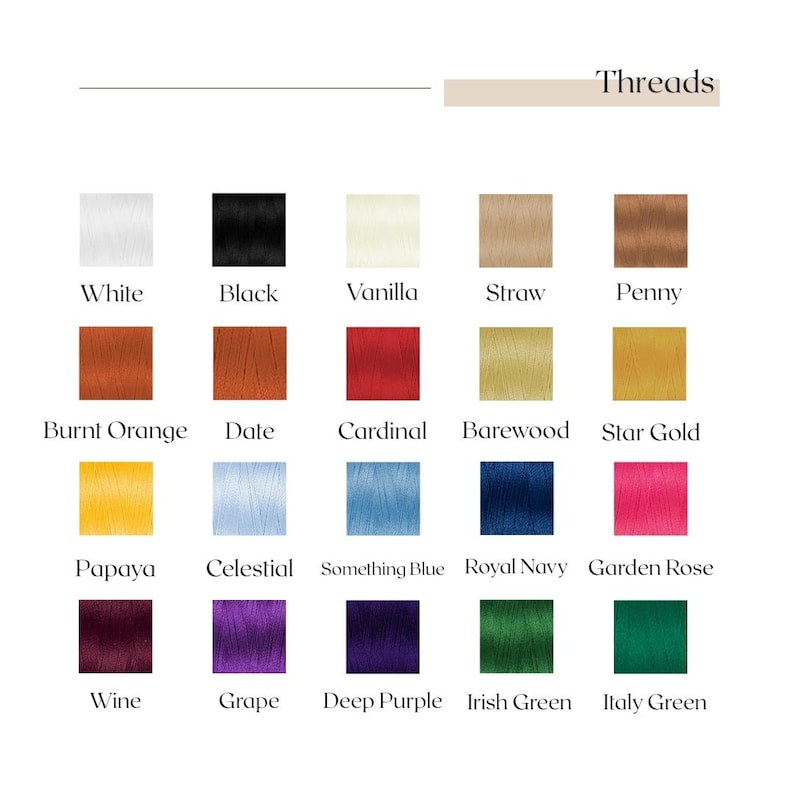 K&ouml;nnte beinhalten: Eine Farbpalette mit Garnmustern, beschriftet mit Namen wie "Wei&szlig;", "Schwarz" und "Vanille". Das Bild zeigt eine Vielzahl von Farben, darunter Oranget&ouml;ne, Rot, Blau und Gr&uuml;n. Das Wort "Threads" steht oben.