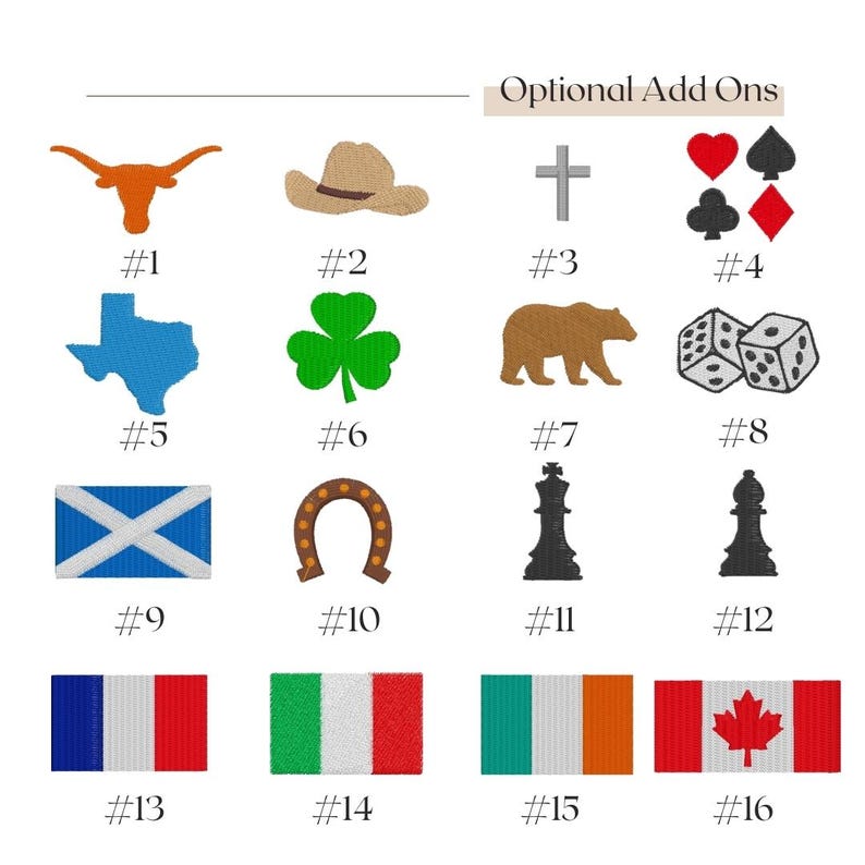 K&ouml;nnte beinhalten: Eine Sammlung von gestickten Aufn&auml;hern mit verschiedenen Designs. Dazu geh&ouml;ren ein Longhorn, ein Cowboyhut, ein Kreuz, Spielkartenfarben, die Umrisse von Texas, ein Kleeblatt, ein B&auml;r, W&uuml;rfel, die schottische Flagge, ein Hufeisen, Schachfiguren und die Flaggen von Frankreich, Italien, Irland und Kanada.