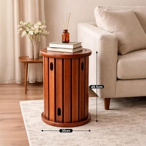 May include: A cylindrical wooden side table with vertical slats and oval cutouts, measuring 49.5 cm in height and 35 cm in diameter. The table features a smooth, warm brown finish and a circular top surface, providing a stable base for small items.