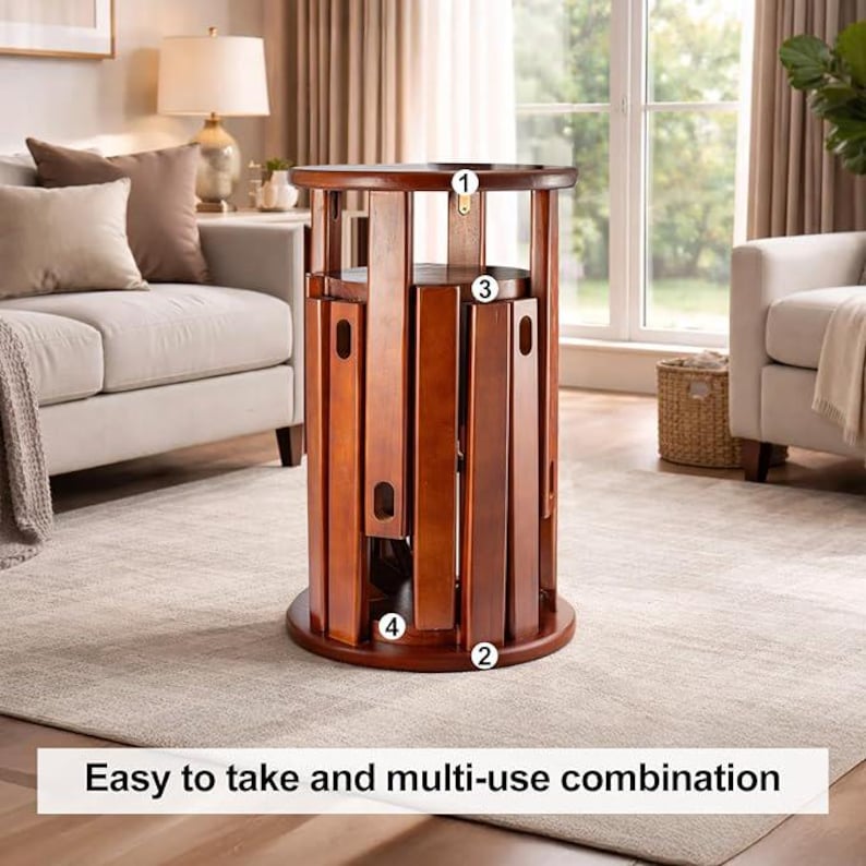 May include: A cylindrical wooden nesting table set with a warm brown finish, featuring vertical slats and four numbered circular markers. The structure includes a top surface and integrated storage components. The text reads: Easy to take and multi-use combination.