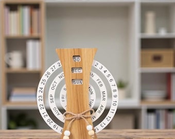 Calendario de mesa de oficina de madera maciza con disco giratorio, calendario decorativo de escritorio