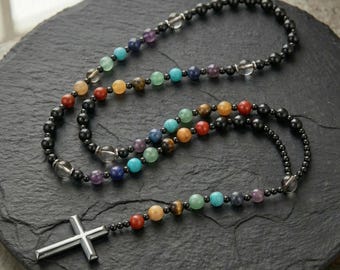 Obsidian 7 Stone Rosenkranz Halskette, Hämatit Kreuz Anhänger Halskette, Lapis Lazuli Perlen, katholisches Geschenk, Rosenkranz für Frauen Herren Rosenkranz Schwarz