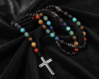 ARHZ Rosario Collana Uomo Collana Rosario Cristiano San Benedetto Catena Lunga di Perline Preghiera Collana Amuleto Gioielli Religiosi Regalo Compleanno(Marrone Scuro
