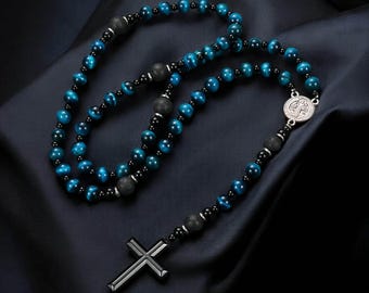 Blue Tiger's Eye Rosary Necklace, Hematite Stone Cross Pendant Saint Benedict Necklace Protection, Beaded Prayer for Her Catholic
