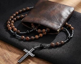 Rosary for Men with Leather Pouch, Gemstone Rosary Beads, Catholic Gift for Husband, Men's Rosary Necklace, Natural Stone Rosary