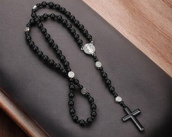 Obsidian Hematite Lava Stone Rosary Necklace, Hematite Cross Pendant Necklace Prayer Beads, Gift for Her, Catholic Men's Rosary Black