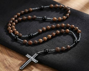 Wooden Rosary Necklace, Hematite Cross Pendant Necklace Rosary Beads, Men's Rosary, Catholic Rosaries, Women's Rosary Wood