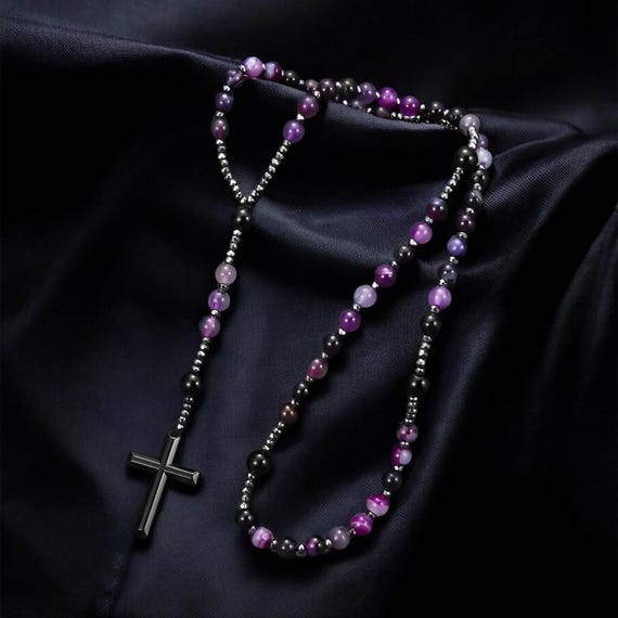 Natural Purple Agate Rosary Necklace, Hematite Stone Cross Pendant Necklace Energy, Beaded Prayer for Her, Purple Stone Rosary Catholic Gift