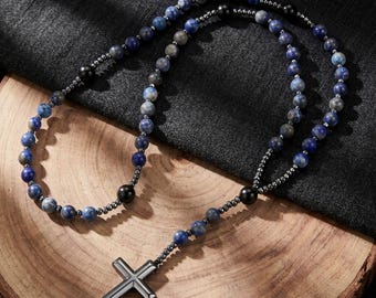 Lapis Lazuli Rosary Necklace, Catholic Blue Rosary, Catholic Hematite Cross Pendant Necklace, Rosary Beads Rosary for Women, Women's Rosary