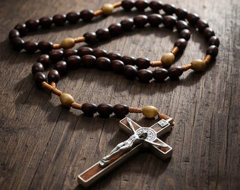 Wooden Rosary St Benedict, Wood Beads Rosary Necklace, Catholic Gift, St Benedict Crucifix Rosary Durable Handmade Rosary Beads
