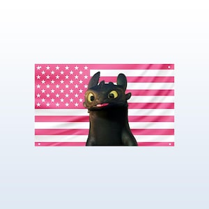 May include: A black dragon character with yellow eyes and a pink tongue, set against a pink and white American flag background. The flag has pink stripes and white stars.