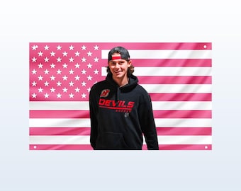 Jack Hughes Pink USA Flag – Golden Goal Overtime Winner Hockey Dorm Frat Wall Decor