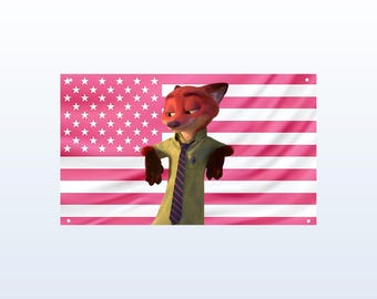 Nick Wilde Pink Flag | Zootopia Disney Fox Wall Decor | Cute Cartoon Pink American Flag | Aesthetic Movie Tapestry