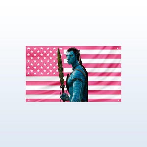 May include: A flag with a pink and white striped design and white stars in the upper left corner. A blue-skinned humanoid figure with yellow eyes and long black hair is holding a spear. The flag design is a parody of the American flag.