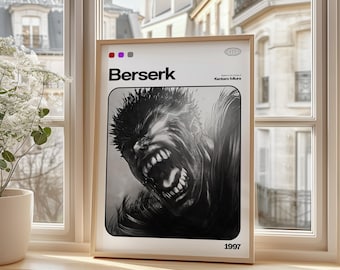 May include: A framed poster featuring the word "Berserk" in bold white text, with the name Kentaro Miura below. The poster displays a black and white illustration of a character with an open mouth and angry expression. The year "1997" is at the bottom.