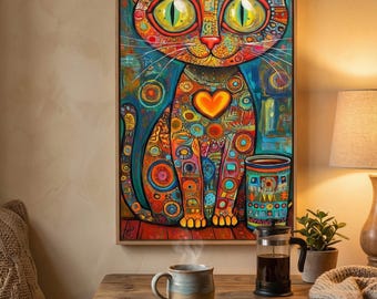Arte de pared de gato colorido imprimible, ilustración de gato bohemio, póster de animal caprichoso, impresión decorativa para sala de estar