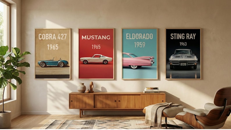 Puede incluir: Cuatro carteles enmarcados con coches cl&aacute;sicos: Cobra 427 (1965), Mustang (1965), Eldorado (1959) y Sting Ray (1963). Cada cartel tiene un fondo de color con el nombre y el a&ntilde;o del coche. Los carteles se exhiben sobre un mueble de madera.