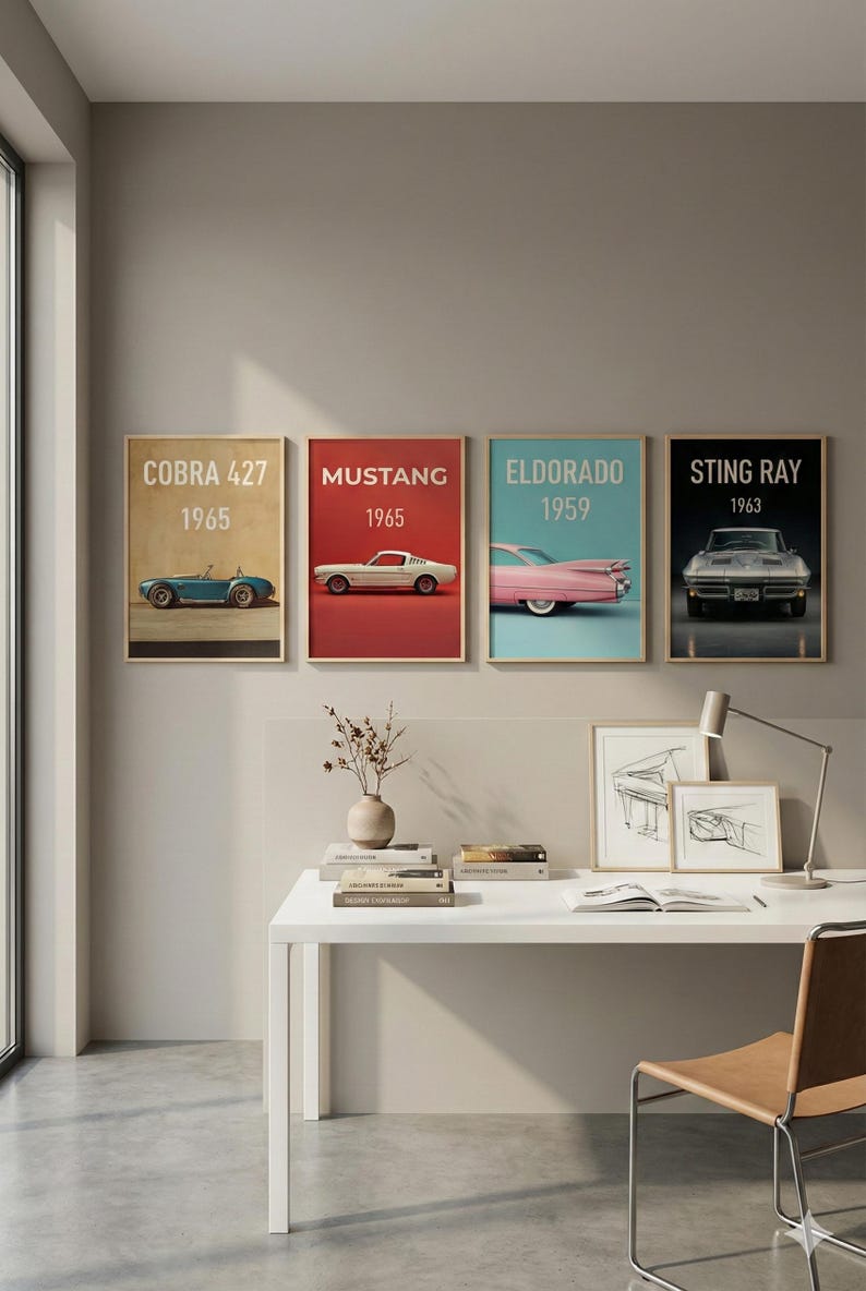 Puede incluir: Cuatro carteles enmarcados de coches antiguos: Cobra 427 1965, Mustang 1965, Eldorado 1959 y Sting Ray 1963. Cada cartel presenta una imagen de un coche cl&aacute;sico con el nombre y el a&ntilde;o del coche. Los carteles se muestran encima de un escritorio blanco.