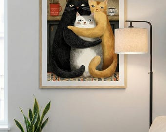 Arte de pared imprimible de una familia de gatos, ilustración de un gato adorable, decoración acogedora para el hogar, póster de animales para descargar