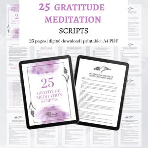 Op de afbeelding: Twee tablets met digitale dankbaarheidsmeditatiescripts. De tablets tonen de tekst "25 GRATITUDE MEDITATION SCRIPTS" met lavendelillustraties en een aquarelachtergrond. De afbeelding toont ook de tekst "25 pagina's | digitale download | printbaar | A4 PDF".