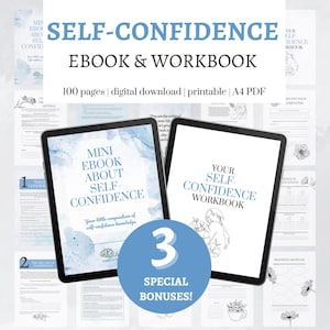 May include: A digital self-help product with the title "Self-Confidence Ebook & Workbook." The image shows two tablets displaying the ebook and workbook, along with a blue circle that says "3 Special Bonuses!" The product is a digital download.