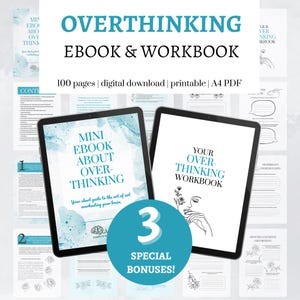 May include: Digital ebook and workbook set titled "Overthinking." The ebook is titled "Mini Ebook About Overthinking" and the workbook is titled "Your Overthinking Workbook." The set includes 100 pages, a digital download, and 3 special bonuses.