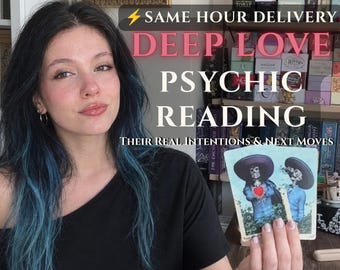 May include: A person holding two tarot cards featuring illustrations of skeletons wearing sombreros. The text on the image reads: SAME HOUR DELIVERY DEEP LOVE PSYCHIC READING THEIR REAL INTENTIONS & NEXT MOVES. The person has long dark hair with blue highlights.