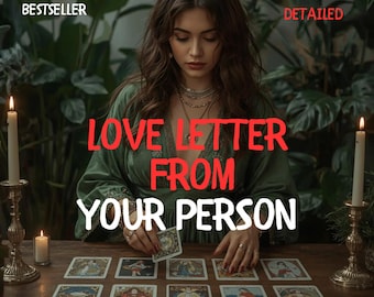 May include: A woman in a green dress is reading tarot cards on a wooden table. The text "LOVE LETTER FROM YOUR PERSON" is overlaid on the image in red and white. Two lit candles flank the scene, with the word "BESTSELLER" and stars in the top left.