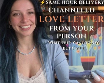 May include: A tarot card featuring a colourful floral vase illustration held in the foreground. Text overlay reads: SAME HOUR DELIVERY CHANNELED LOVE LETTER FROM YOUR PERSON WHAT THEY WANT TO SAY BUT CAN'T. The card displays a stylised cup design.