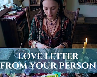May include: A tarot card reading setup featuring a dark green and orange patterned garment, layered crystal necklaces, and a spread of tarot cards on a wooden table. The text "LOVE LETTER FROM YOUR PERSON" is overlaid in white capital letters.