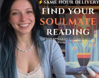 May include: A person with dark hair wearing a light blue cardigan and a white lace top holds a tarot card featuring a vase of flowers. Text on the image reads: SAME HOUR DELIVERY FIND YOUR SOULMATE READING THEIR APPEARANCE PERSONALITY WHEN YOU MEET.