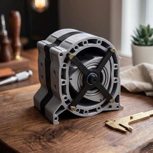 Puede incluir: Un modelo de motor rotativo gris y negro con un rotor triangular central, una carcasa circular con múltiples orificios para pernos y un soporte en forma de cruz negro con detalles metálicos, junto a un calibrador de latón.