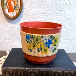Vintage 70s Italian Plastic Planter Pot | Retro Hand Painted Floral Flower Pot | MCM Orange Yellow Flower Cache Pot | Made in Italy