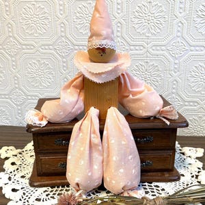 Vintage Whimsical Pierrot Shelf Sitter | Y2K Sweet Heart Pattern Jester | Blushing Coral Nursery Doll | OOAK Handcrafted Clown | Kitsch Deco
