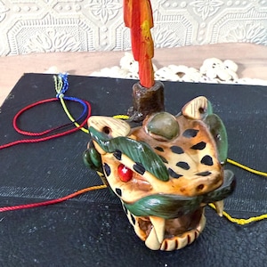 Vintage Mexican Jaguar Whistle | Hand Painted Clay Ocarina | Colorful Folk Art | Traditional Aztec Animal Pottery | Funky Boho Decor