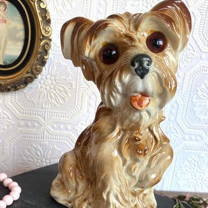 Vintage Ceramic Dog Lamp 1950s | Glazed Pottery Yorkshire Puppy Figurine Light | Mid Century Kitsch Animal Table Lamp | Retro Handmade Lamp