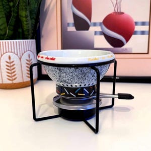 Vintage 1980s Memphis Style Confetti Fondue Set | Retro Splatter Pattern Enamelware | Funky New Wave Kitchen Decor | Post Modern Kitchen