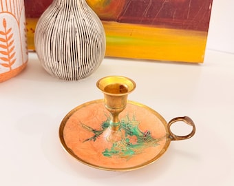 Vintage Peachy Enamel Brass Candlestick Holder | Handheld Candle Holder with Finger Loop | Chinoiserie Peach Botanical | MCM Boho Decor
